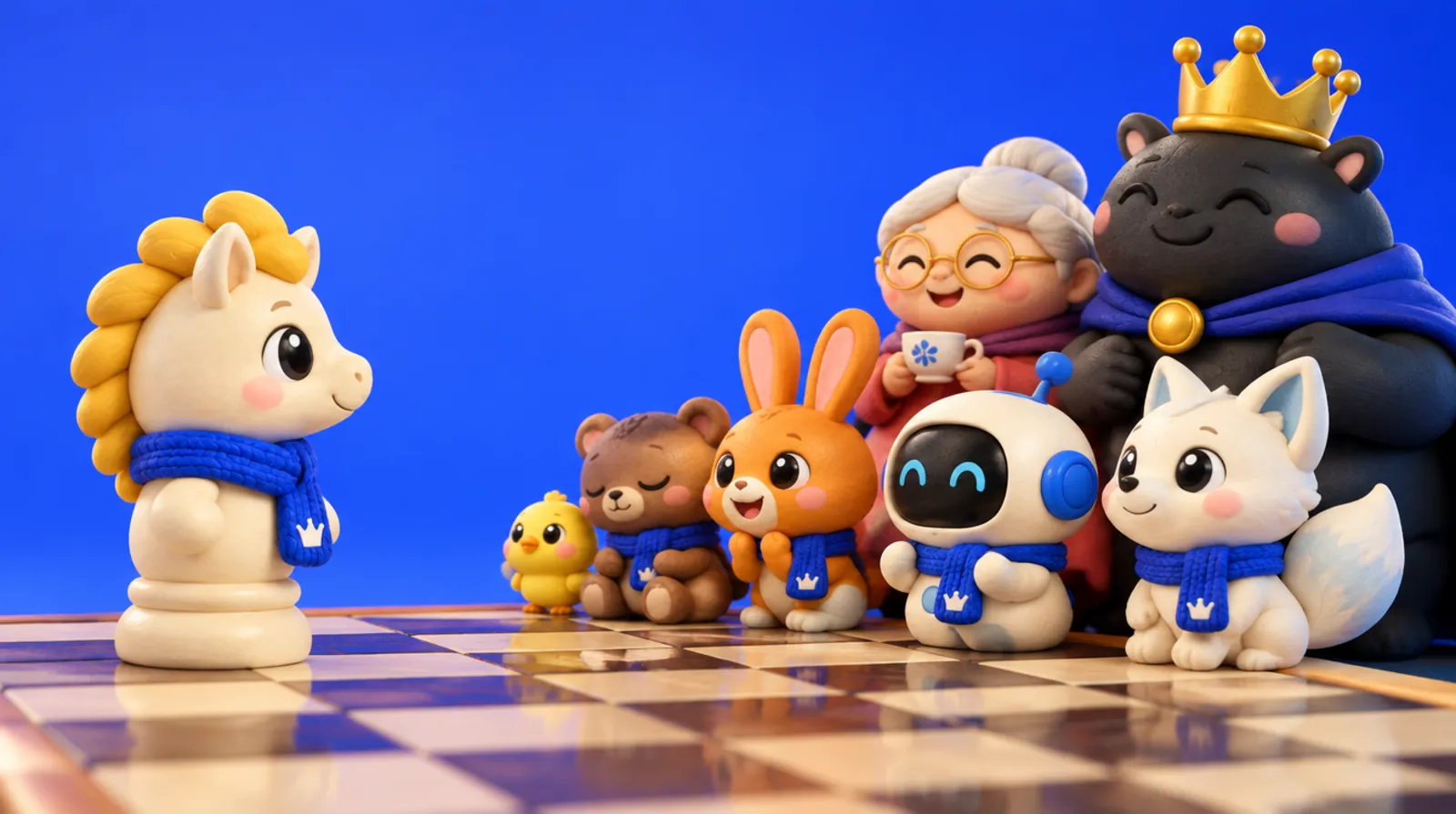 Springer facing a lineup of colourful bot characters across a chessboard