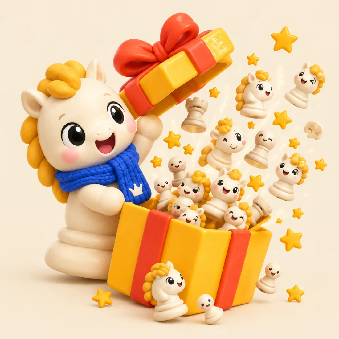 Springer opening a gift box full of chess pieces