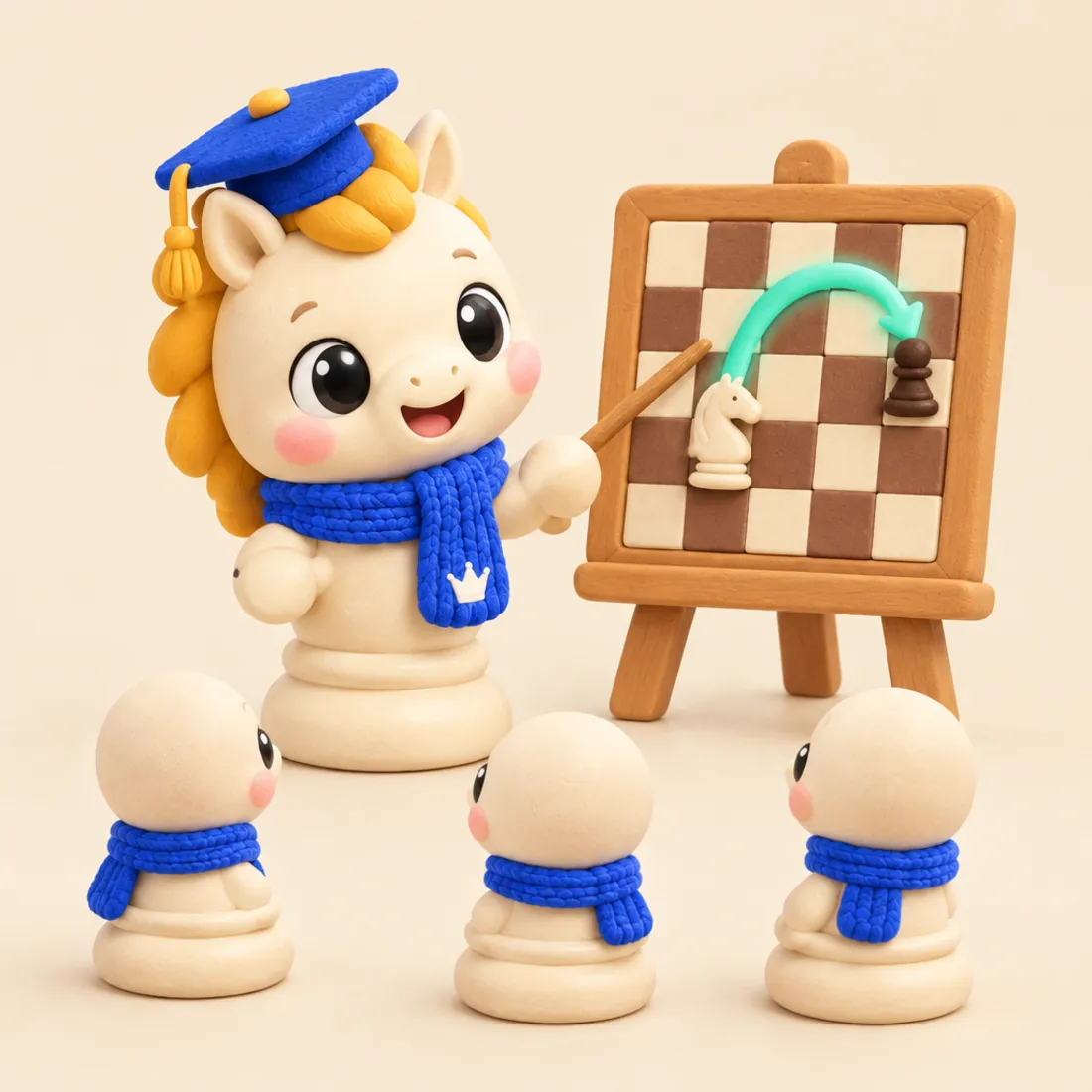 Springer teaching three little pawns at a chessboard