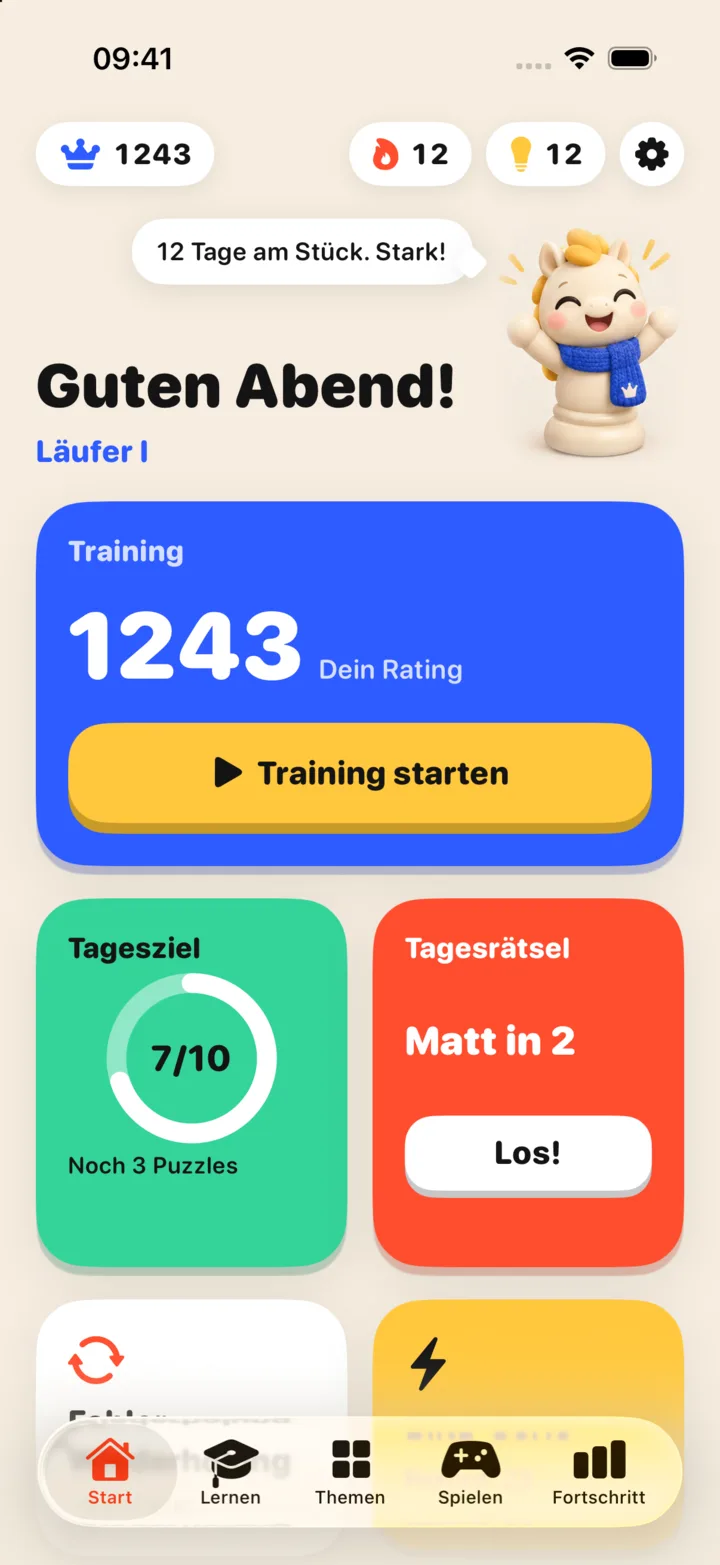 Startbildschirm von MateMind mit Rating, Tagesziel und Tagesrätsel