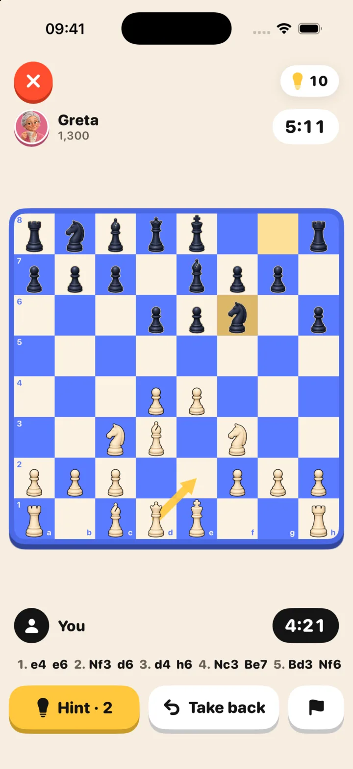 A game against a bot with a hint arrow on the board