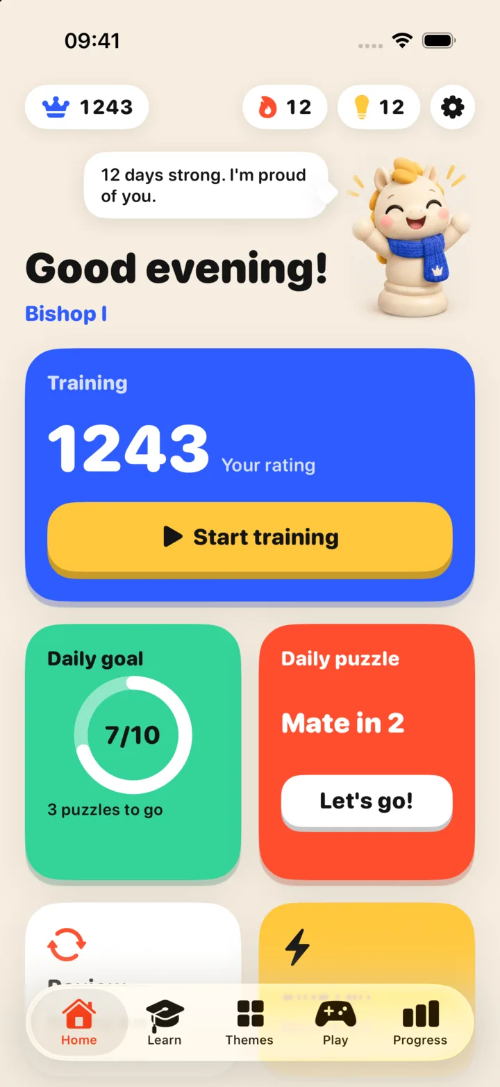 MateMind home screen with rating, daily goal and daily puzzle